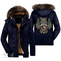 ScotsTee Shop Scottish Cockburn Ancient Clan Crest Scottish Thistle Tartan Faux Fur Hooded Parka Jacket