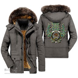 ScotsTee Shop Scottish Graham of Montrose Ancient Clan Crest Scottish Thistle Tartan Faux Fur Hooded Parka Jacket