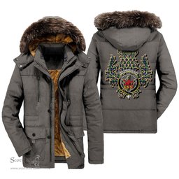 ScotsTee Shop Scottish Farquharson Ancient Clan Crest Scottish Thistle Tartan Faux Fur Hooded Parka Jacket