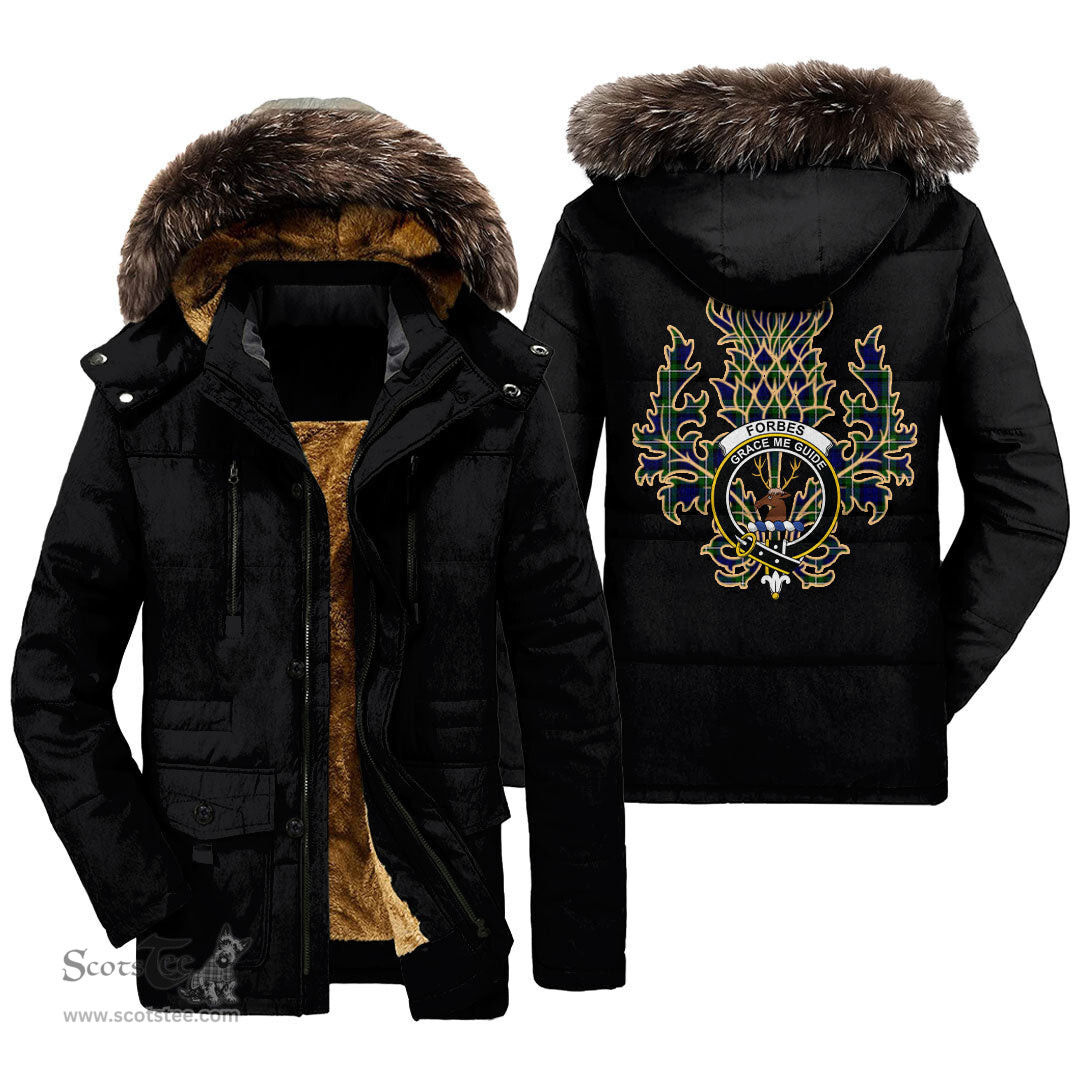 ScotsTee Shop Scottish Forbes Modern Clan Crest Scottish Thistle Tartan Faux Fur Hooded Parka Jacket