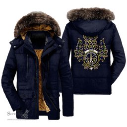 ScotsTee Shop Scottish Gunn Modern Clan Crest Scottish Thistle Tartan Faux Fur Hooded Parka Jacket