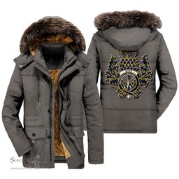 ScotsTee Shop Scottish Gunn Modern Clan Crest Scottish Thistle Tartan Faux Fur Hooded Parka Jacket