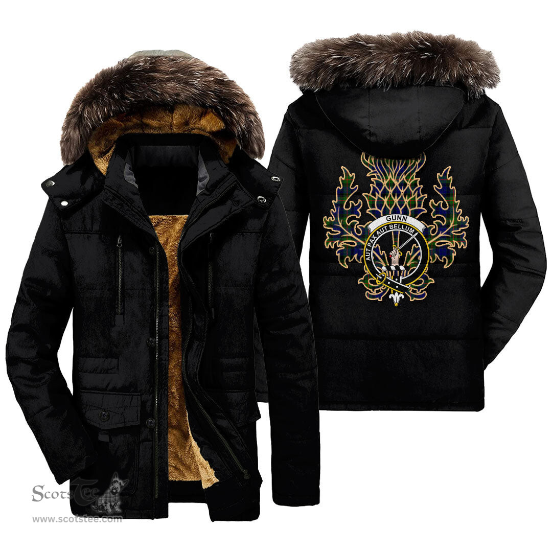 ScotsTee Shop Scottish Gunn Modern Clan Crest Scottish Thistle Tartan Faux Fur Hooded Parka Jacket