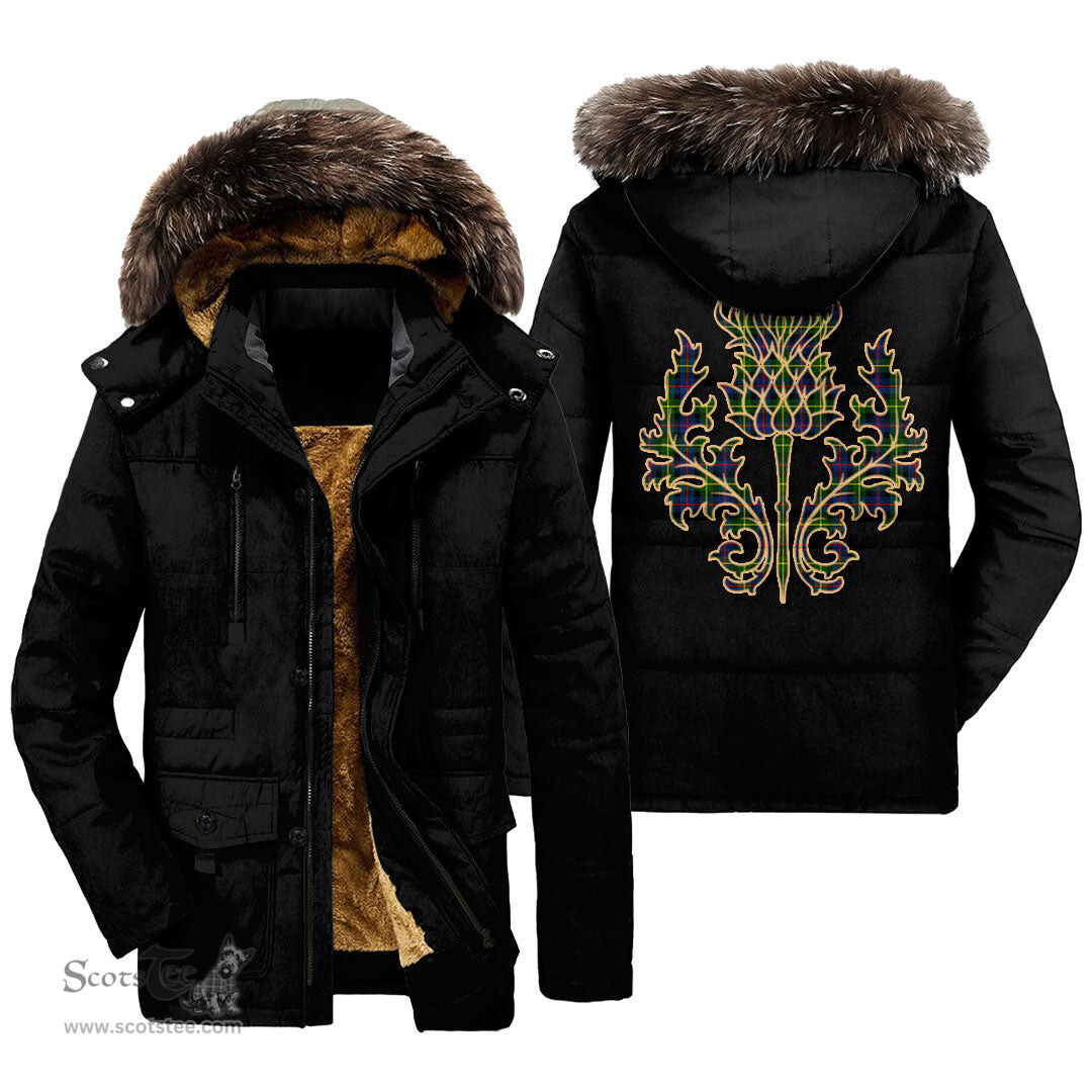 ScotsTee Shop Scottish Farquharson Modern Clan Scottish Thistle Tartan Faux Fur Hooded Parka Jacket