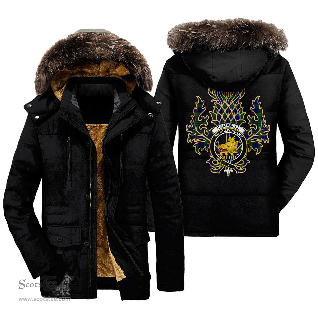 ScotsTee Shop Scottish Campbell Modern Clan Crest Scottish Thistle Tartan Faux Fur Hooded Parka Jacket