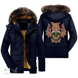 ScotsTee Shop Scottish Hamilton Ancient Clan Crest Scottish Thistle Tartan Faux Fur Hooded Parka Jacket