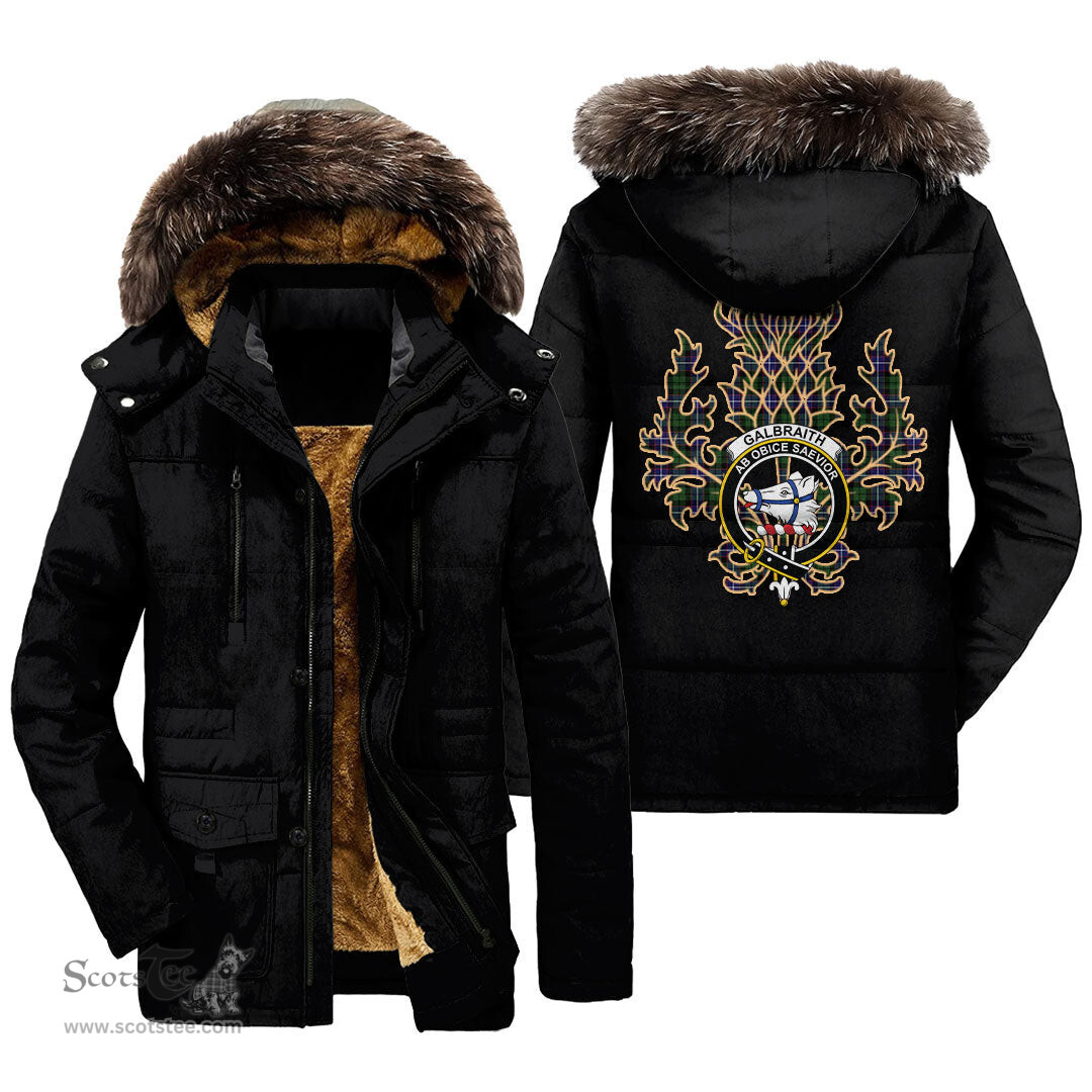 ScotsTee Shop Scottish Galbraith Modern Clan Crest Scottish Thistle Tartan Faux Fur Hooded Parka Jacket