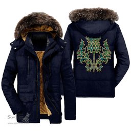 ScotsTee Shop Scottish Ferguson Ancient Clan Scottish Thistle Tartan Faux Fur Hooded Parka Jacket