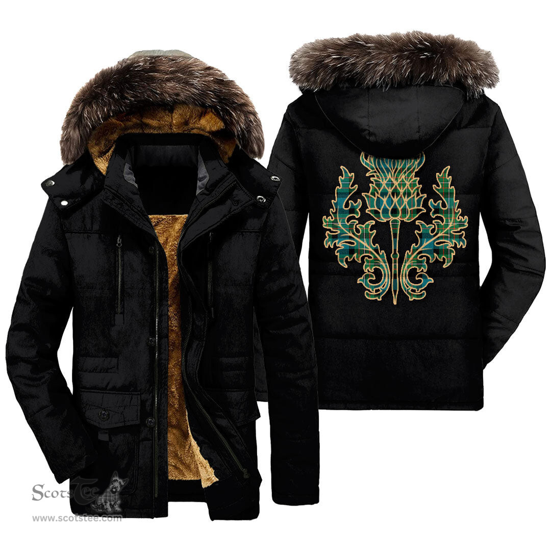 ScotsTee Shop Scottish Ferguson Ancient Clan Scottish Thistle Tartan Faux Fur Hooded Parka Jacket