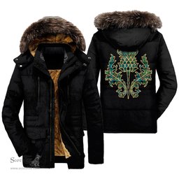 ScotsTee Shop Scottish Ferguson Ancient Clan Scottish Thistle Tartan Faux Fur Hooded Parka Jacket