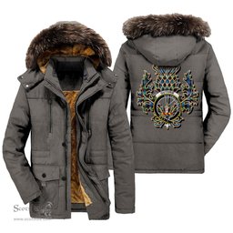 ScotsTee Shop Scottish Guthrie Ancient Clan Crest Scottish Thistle Tartan Faux Fur Hooded Parka Jacket