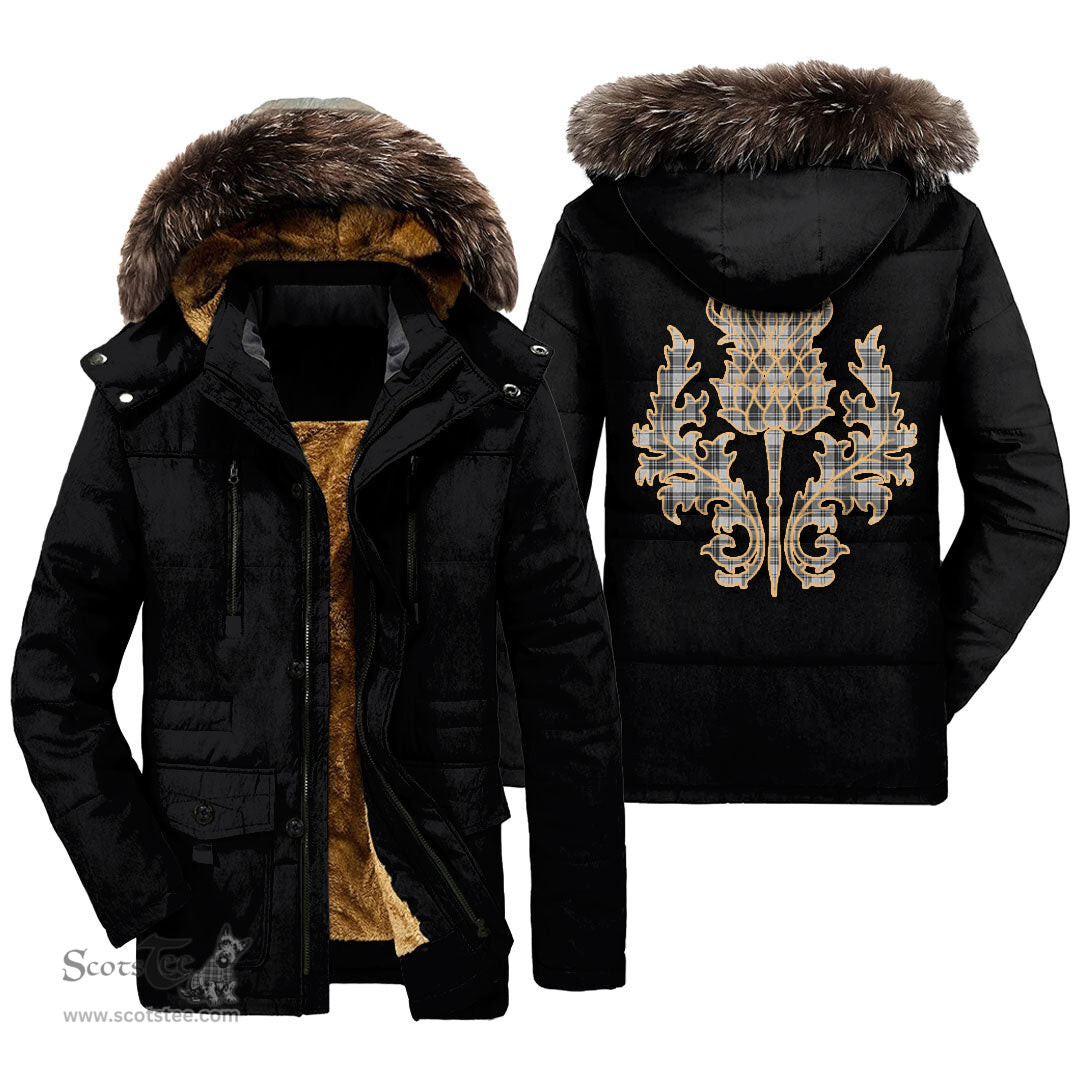 ScotsTee Shop Scottish Douglas Grey Modern Clan Scottish Thistle Tartan Faux Fur Hooded Parka Jacket