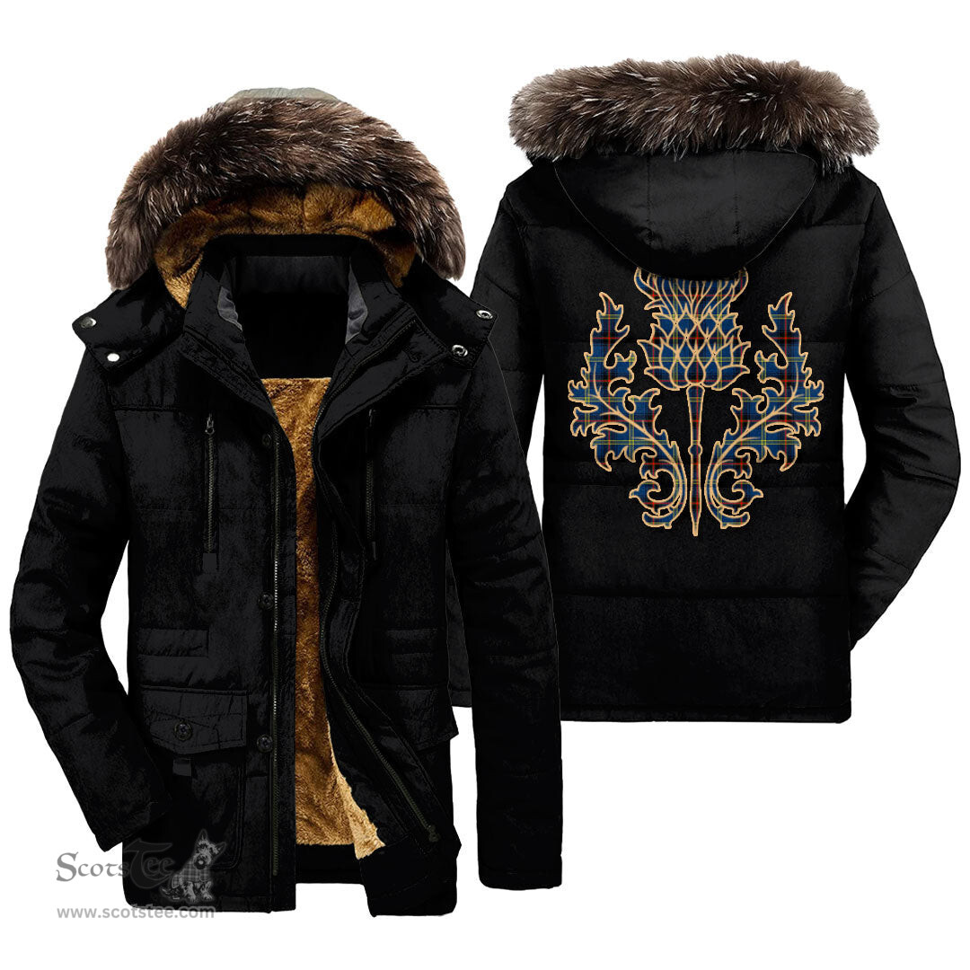 ScotsTee Shop Scottish Grewar Clan Scottish Thistle Tartan Faux Fur Hooded Parka Jacket