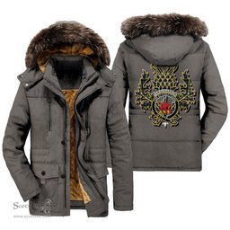 ScotsTee Shop Scottish Farquharson Modern Clan Crest Scottish Thistle Tartan Faux Fur Hooded Parka Jacket
