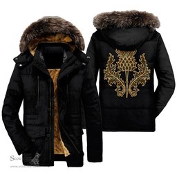 ScotsTee Shop Scottish Gray Clan Scottish Thistle Tartan Faux Fur Hooded Parka Jacket