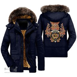 ScotsTee Shop Scottish Drummond of Strathallan Clan Crest Scottish Thistle Tartan Faux Fur Hooded Parka Jacket