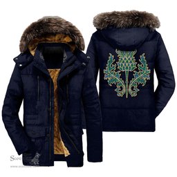 ScotsTee Shop Scottish Douglas Ancient Clan Scottish Thistle Tartan Faux Fur Hooded Parka Jacket