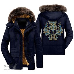 ScotsTee Shop Scottish Fergusson Ancient Clan Scottish Thistle Tartan Faux Fur Hooded Parka Jacket