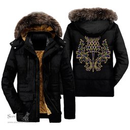 ScotsTee Shop Scottish Colquhoun Modern Clan Scottish Thistle Tartan Faux Fur Hooded Parka Jacket