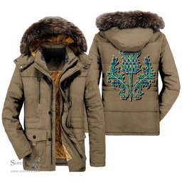 ScotsTee Shop Scottish Flower Of Scotland Clan Scottish Thistle Tartan Faux Fur Hooded Parka Jacket