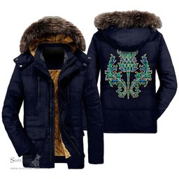 ScotsTee Shop Scottish Flower Of Scotland Clan Scottish Thistle Tartan Faux Fur Hooded Parka Jacket