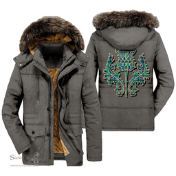ScotsTee Shop Scottish Flower Of Scotland Clan Scottish Thistle Tartan Faux Fur Hooded Parka Jacket