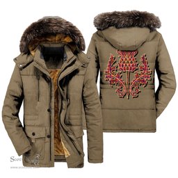 ScotsTee Shop Scottish Lumsden Modern Clan Scottish Thistle Tartan Faux Fur Hooded Parka Jacket