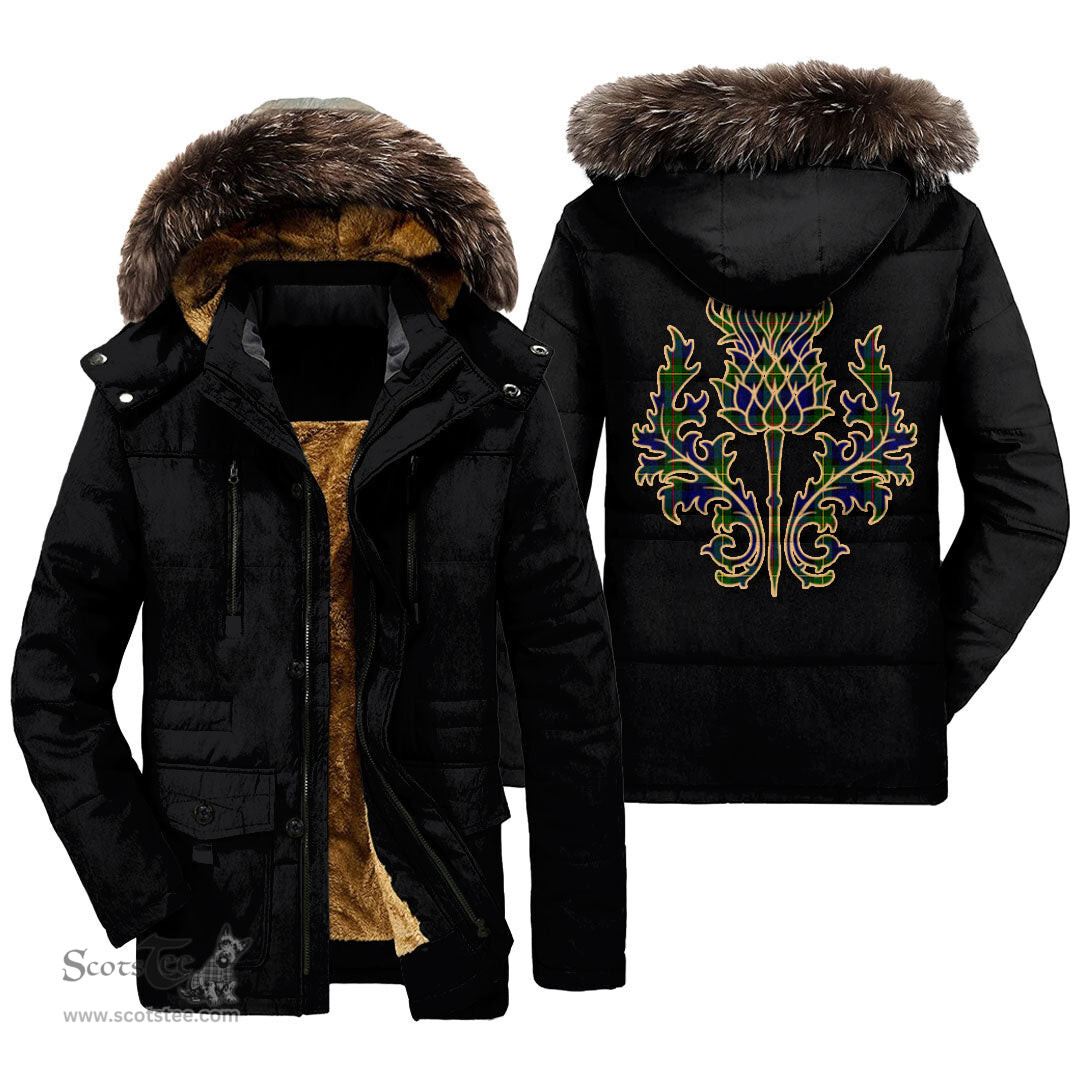 ScotsTee Shop Scottish MacEwen Modern Clan Scottish Thistle Tartan Faux Fur Hooded Parka Jacket