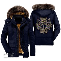 ScotsTee Shop Scottish MacRae Hunting Modern Clan Scottish Thistle Tartan Faux Fur Hooded Parka Jacket