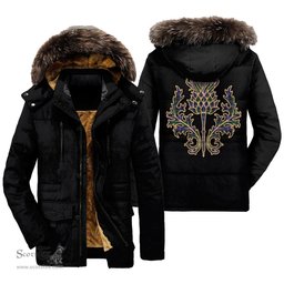 ScotsTee Shop Scottish MacRae Hunting Modern Clan Scottish Thistle Tartan Faux Fur Hooded Parka Jacket