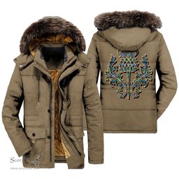 ScotsTee Shop Scottish Hunter Ancient Clan Scottish Thistle Tartan Faux Fur Hooded Parka Jacket