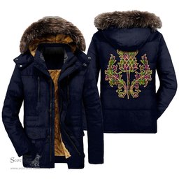 ScotsTee Shop Scottish MacDonald of Clanranald Clan Scottish Thistle Tartan Faux Fur Hooded Parka Jacket