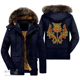 ScotsTee Shop Scottish MacGregor Modern Clan Scottish Thistle Tartan Faux Fur Hooded Parka Jacket