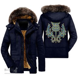 ScotsTee Shop Scottish MacIntyre Hunting Ancient Clan Scottish Thistle Tartan Faux Fur Hooded Parka Jacket