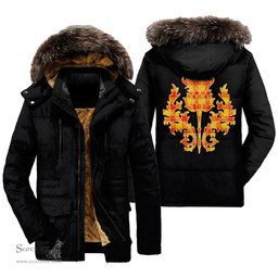 ScotsTee Shop Scottish MacLeod of Raasay Clan Scottish Thistle Tartan Faux Fur Hooded Parka Jacket