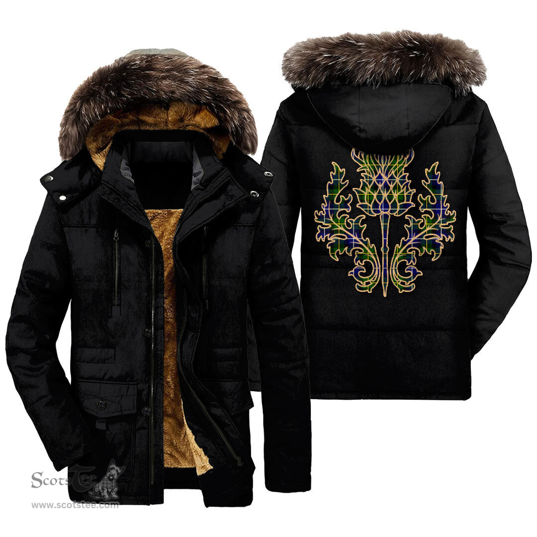 ScotsTee Shop Scottish MacNeill of Barra Modern Clan Scottish Thistle Tartan Faux Fur Hooded Parka Jacket