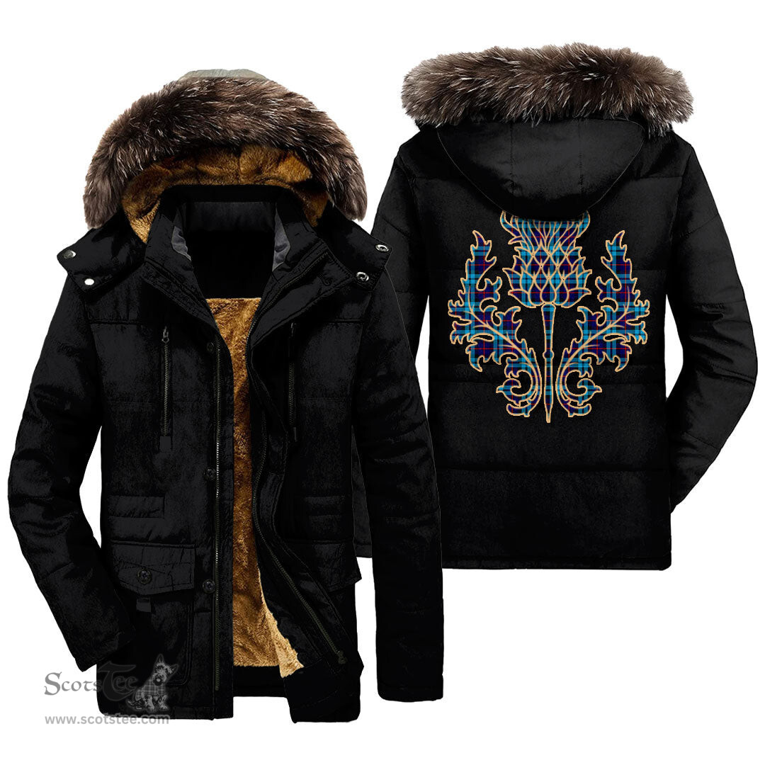 ScotsTee Shop Scottish McCorquodale Clan Scottish Thistle Tartan Faux Fur Hooded Parka Jacket