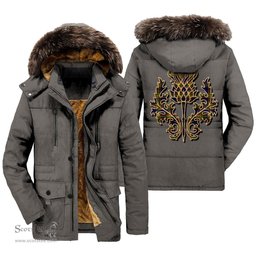 ScotsTee Shop Scottish MacLellan Modern Clan Scottish Thistle Tartan Faux Fur Hooded Parka Jacket