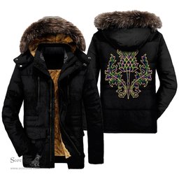 ScotsTee Shop Scottish MacThomas Modern Clan Scottish Thistle Tartan Faux Fur Hooded Parka Jacket