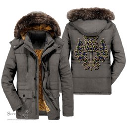 ScotsTee Shop Scottish MacLeod of Harris Modern Clan Scottish Thistle Tartan Faux Fur Hooded Parka Jacket