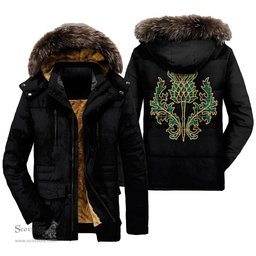 ScotsTee Shop Scottish MacAlpine Ancient Clan Scottish Thistle Tartan Faux Fur Hooded Parka Jacket