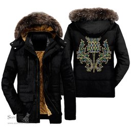 ScotsTee Shop Scottish MacKay Ancient Clan Scottish Thistle Tartan Faux Fur Hooded Parka Jacket