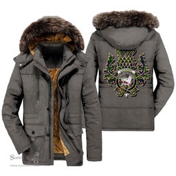 ScotsTee Shop Scottish Lockhart Modern Clan Crest Scottish Thistle Tartan Faux Fur Hooded Parka Jacket