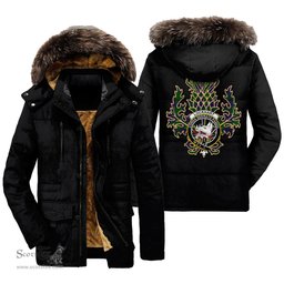 ScotsTee Shop Scottish Lockhart Modern Clan Crest Scottish Thistle Tartan Faux Fur Hooded Parka Jacket