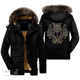 ScotsTee Shop Scottish MacKinlay Modern Clan Scottish Thistle Tartan Faux Fur Hooded Parka Jacket