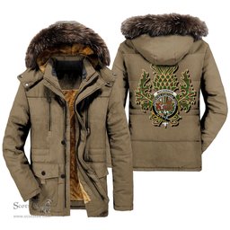 ScotsTee Shop Scottish MacKinnon Hunting Modern Clan Crest Scottish Thistle Tartan Faux Fur Hooded Parka Jacket