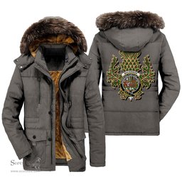 ScotsTee Shop Scottish MacKinnon Hunting Modern Clan Crest Scottish Thistle Tartan Faux Fur Hooded Parka Jacket