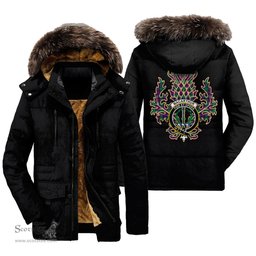 ScotsTee Shop Scottish MacArthur Milton Clan Crest Scottish Thistle Tartan Faux Fur Hooded Parka Jacket