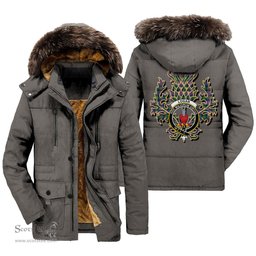 ScotsTee Shop Scottish Logan Ancient Clan Crest Scottish Thistle Tartan Faux Fur Hooded Parka Jacket