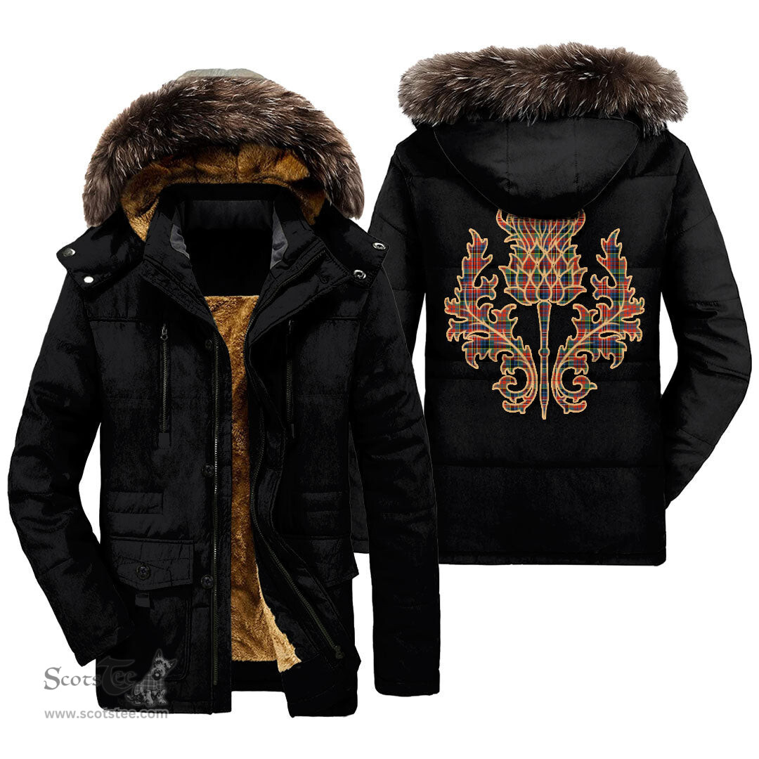 ScotsTee Shop Scottish MacPherson Ancient Clan Scottish Thistle Tartan Faux Fur Hooded Parka Jacket